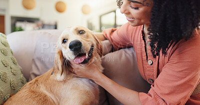 Buy stock photo Woman, dog and happy on sofa, relax and bonding with care, connection and stroke in living room. Person, touch and comfort for pet, golden retriever or love for cuddle on couch in lounge at apartment
