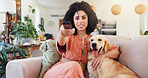 Woman, remote and relax with dog for watching tv, change channel and streaming movie in lounge. Female person, hug and labrador puppy for online series, film and subscription of entertainment on sofa