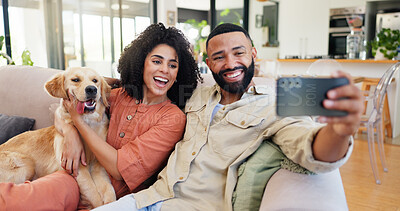 Buy stock photo Couple, selfie and smile with dog, home or hug for bonding, memory or excited with love for photography. People, man and woman with pet animal, golden retriever or post on social network in house