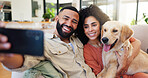 Couple, selfie and smile with dog on sofa, hug and bonding with memory, excited and love for photography. People, man and woman with pet animal, golden retriever or post on social network in house