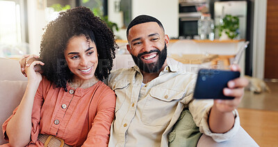 Buy stock photo Happy couple, relax and sofa with selfie in home for picture, photography or memory together. Man, woman or lovers with smile or hug for capture moment, bonding or holiday break on couch in house