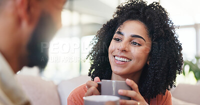Buy stock photo Woman, couple and talk with coffee on sofa with smile, relax and care with hot drinks in home. Person, partnership and happy for conversation, listen or tea cup on couch in living room at apartment