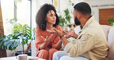 Buy stock photo Frustrated couple, argument or fight with disagreement on sofa for conflict or living room dispute. Upset, man and woman with toxic relationship for breakup, divorce or cheating affair in house