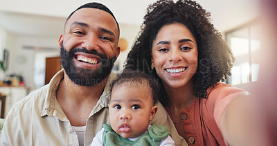 Buy stock photo Parents, selfie and smile with baby, home and portrait with bonding, memory or photography with love. People, mother and father with infant child, profile picture and happy on social media in Brazil