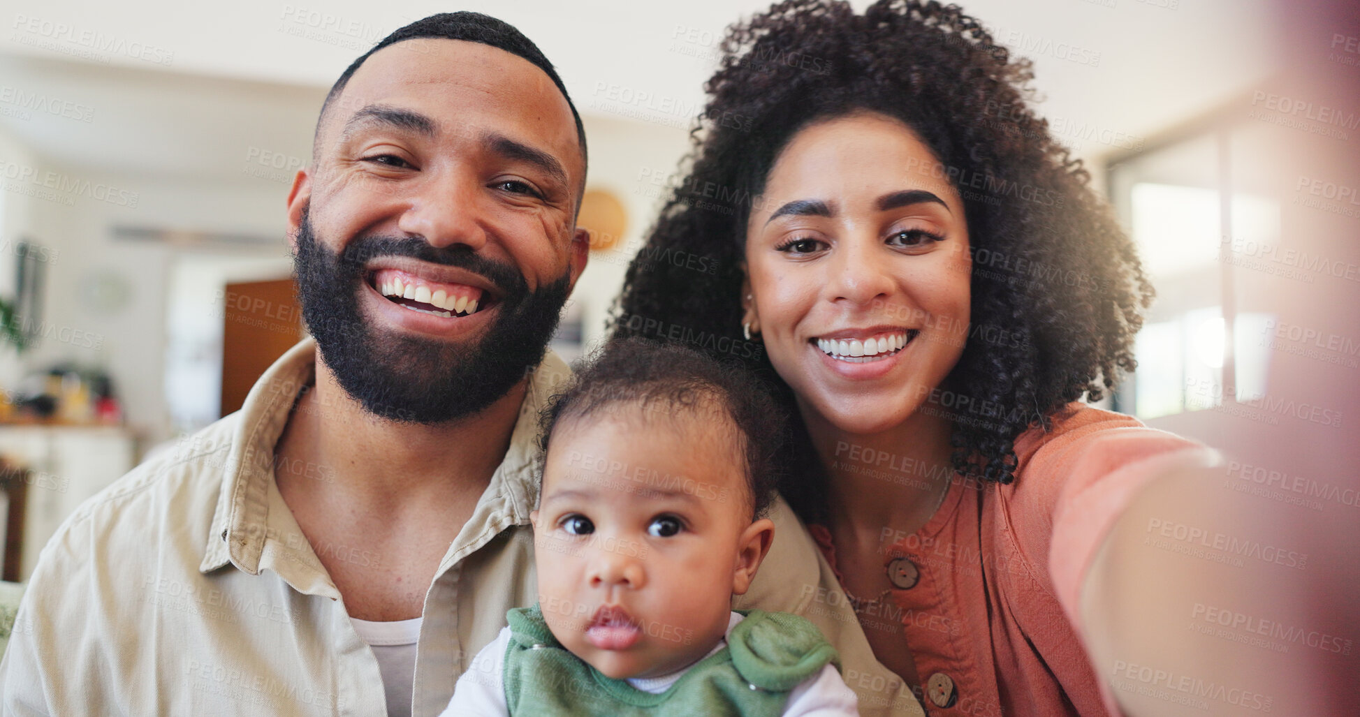 Buy stock photo Parents, selfie and smile with baby, home and portrait with bonding, memory or photography with love. People, mother and father with infant child, profile picture and happy on social media in Brazil