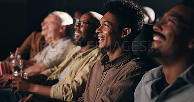 Buy stock photo Audience, watching movie and people in cinema, funny and expression with surprise. Crowd, shocked and group with humor, comedy film and theater with reaction, fun and laughing with entertainment