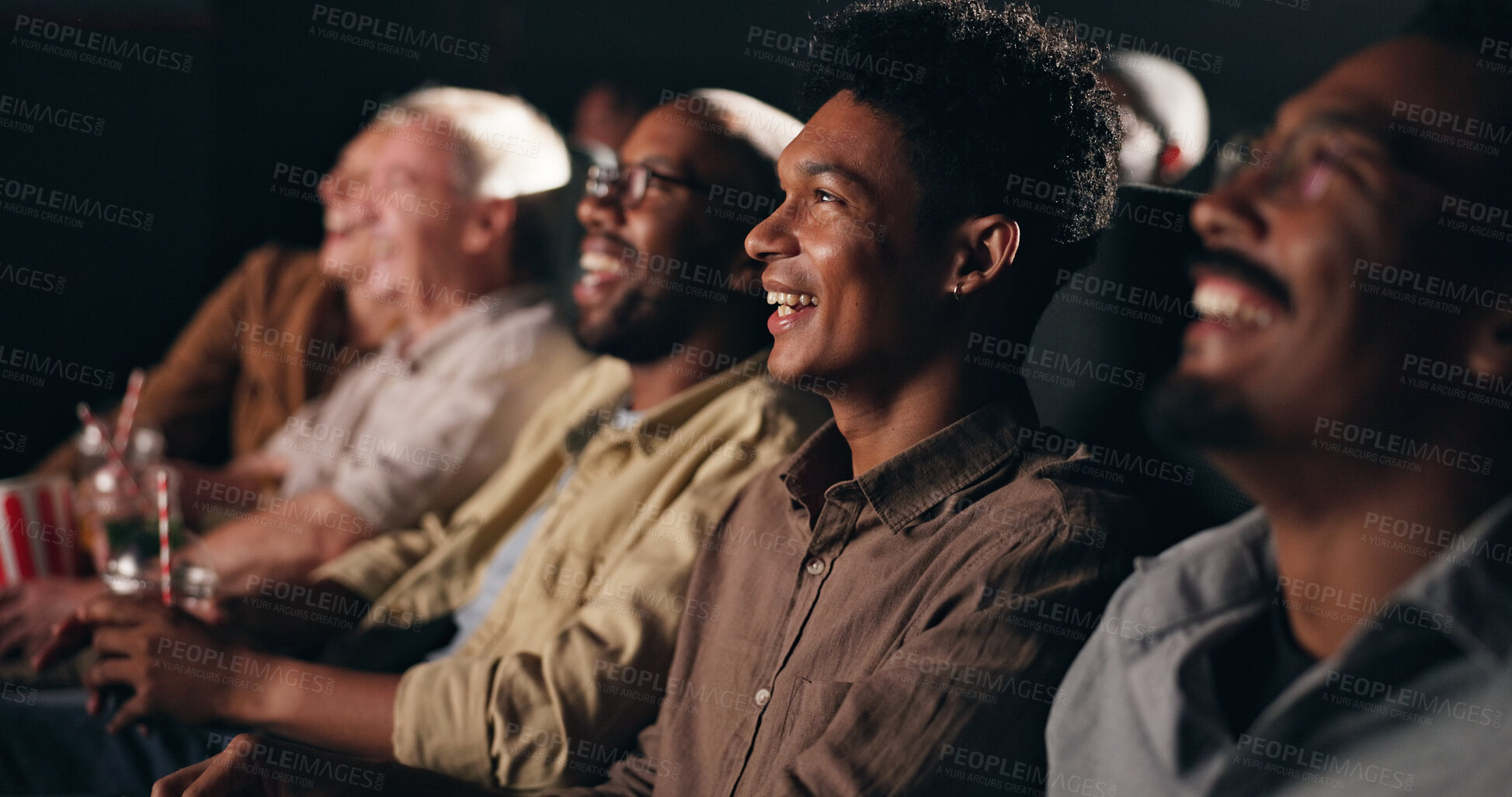 Buy stock photo Audience, watching movie and people in cinema, funny and expression with surprise. Crowd, shocked and group with humor, comedy film and theater with reaction, fun and laughing with entertainment