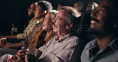 Buy stock photo Funny, watching movie and people in cinema, entertainment and expression with humor, smile and laugh. Crowd, joke and group with comedy film, relax or theater with reaction, show or happy audience