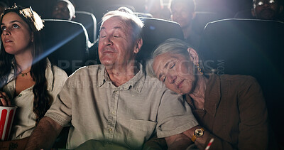 Buy stock photo Senior couple, date and sleep at movie theater in crowd, bonding or tired with rest at show in. Exhausted elderly people, relax together and love with fatigue, embrace and film screening at cinema