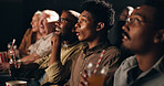 Audience, watching movie and people in cinema, entertainment and expression with surprise. Crowd, shocked and group with fantasy film, relax and theater with reaction, show, snack and drink with fun