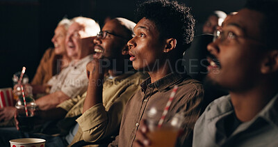 Buy stock photo Audience, watching movie and people in cinema, entertainment and expression with surprise. Crowd, shocked and group with fantasy film, relax and theater with reaction, show, snack or drink with media
