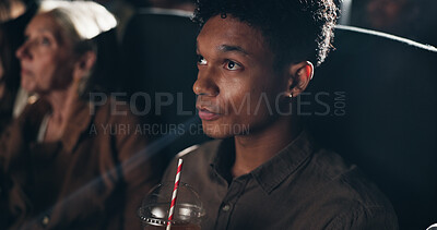 Buy stock photo Movie theater, audience and man with drink, premiere or reaction for entertainment, dark or weekend. Watching, film and person with beverage for break, cinema and spectator at night and projection