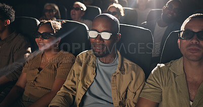 Buy stock photo Audience, watching movie and people with 3D glasses, cinema and modern entertainment. Crowd, eyewear and group with augmented vision, performance and spectator with illusion, screening and theatre