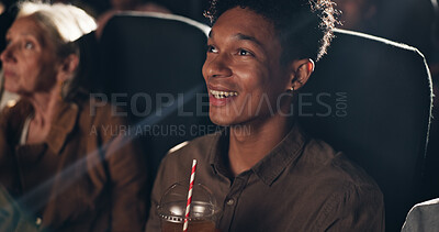 Buy stock photo Movie theater, audience and man with drink, entertainment or reaction for premiere, dark and weekend. Watching, film and person with beverage for break, cinema and spectator at night and projection