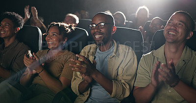 Buy stock photo Audience, movie or happy with clapping in cinema for premiere success, entertainment or appreciation. Crowd, people and applause in theater for film approval, fun watching experience and show support