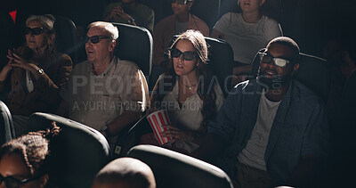 Buy stock photo Movie, theatre and people with popcorn and glasses in cinema for entertainment, experience and film. Audience, 3D and men with women with snacks for screening, premiere and watching production
