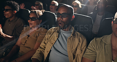 Buy stock photo Surprise, watching movie and people with 3D glasses, cinema and modern entertainment. Crowd, eyewear and audience with augmented vision, performance and spectator with illusion, shocked and theatre