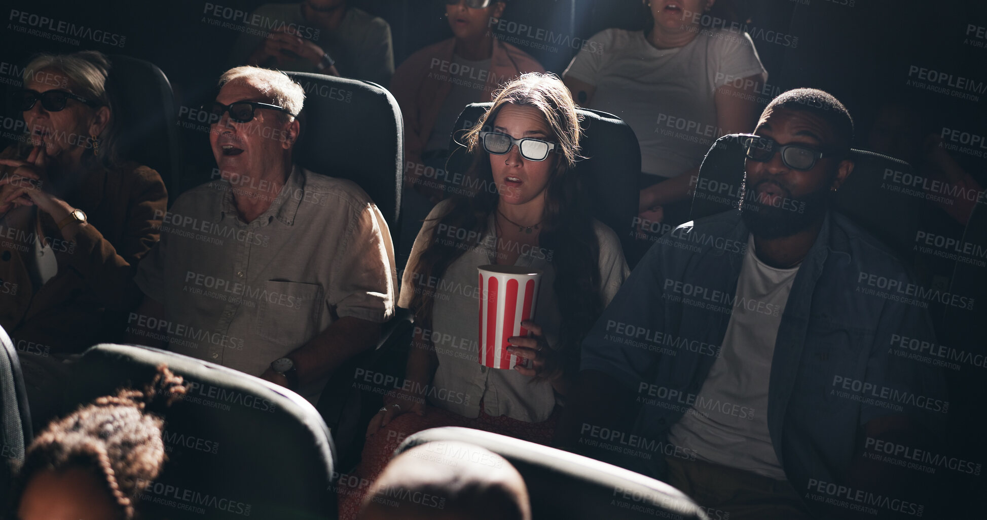 Buy stock photo Popcorn, watching movie and people with 3d glasses, cinema and modern entertainment. Snack, eyewear and group with augmented vision, expression and spectator with illusion, screening and theatre