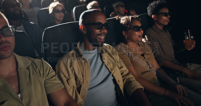 Buy stock photo Crowd, watching movie and people with 3d glasses, cinema and modern entertainment. Audience, eyewear and group with augmented vision, theatre and spectator with illusion, screening and expression