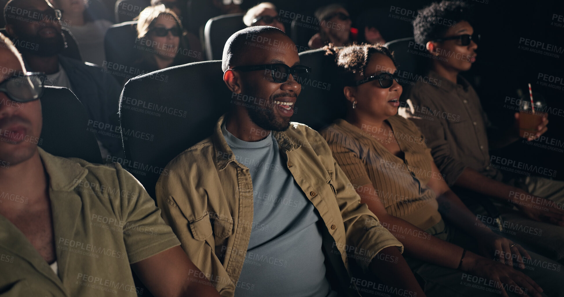 Buy stock photo Crowd, watching movie and people with 3d glasses, cinema and modern entertainment. Audience, eyewear and group with augmented vision, theatre and spectator with illusion, screening and expression