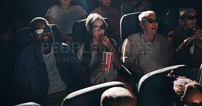 Buy stock photo Audience, watching film and people with 3d glasses, cinema and entertainment with popcorn. Crowd, eyewear and group with augmented vision, snack or spectator with illusion, movie screening or theatre