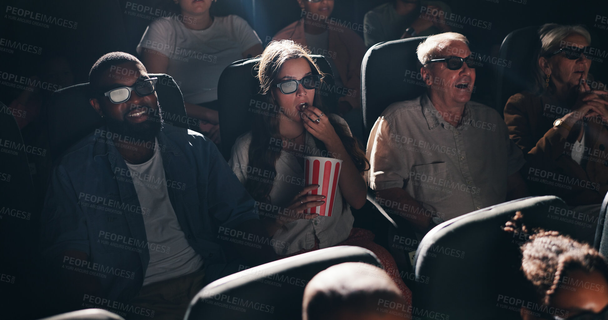 Buy stock photo Audience, watching film and people with 3d glasses, cinema and entertainment with popcorn. Crowd, eyewear and group with augmented vision, snack or spectator with illusion, movie screening or theatre