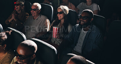 Buy stock photo Happy, watching film and people with 3D glasses, cinema and entertainment with popcorn. Crowd, eyewear and group with augmented vision, comedy movie and spectator with illusion, snack and theatre