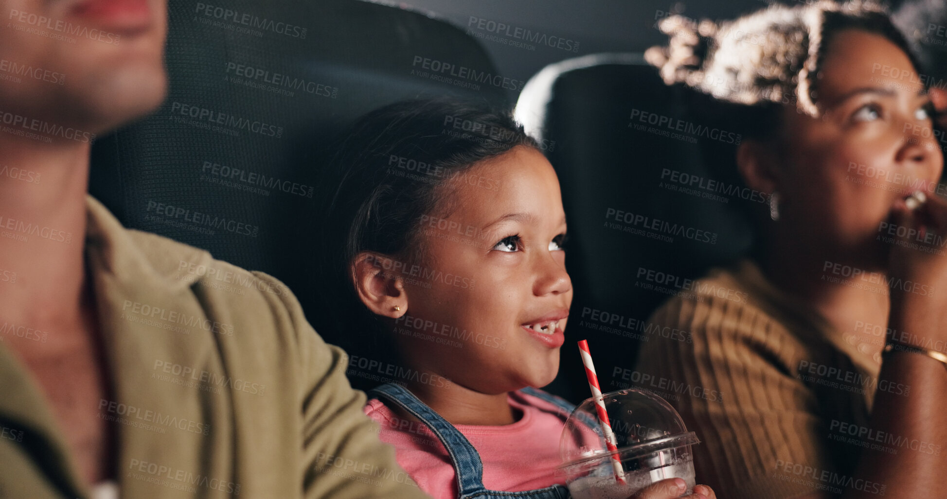 Buy stock photo Movie, happy and child with drink in theatre for entertainment, experience and watching cartoon. Family, parents and girl with snacks for screening, animation and film audience for cinema production