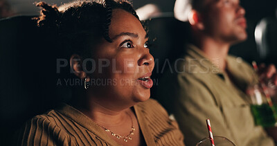 Buy stock photo Snack, woman and movie in theater with suspense for dramatic scene, thriller show or entertainment. Film premiere, audience and excited with anticipation for spooky production and intense storyline