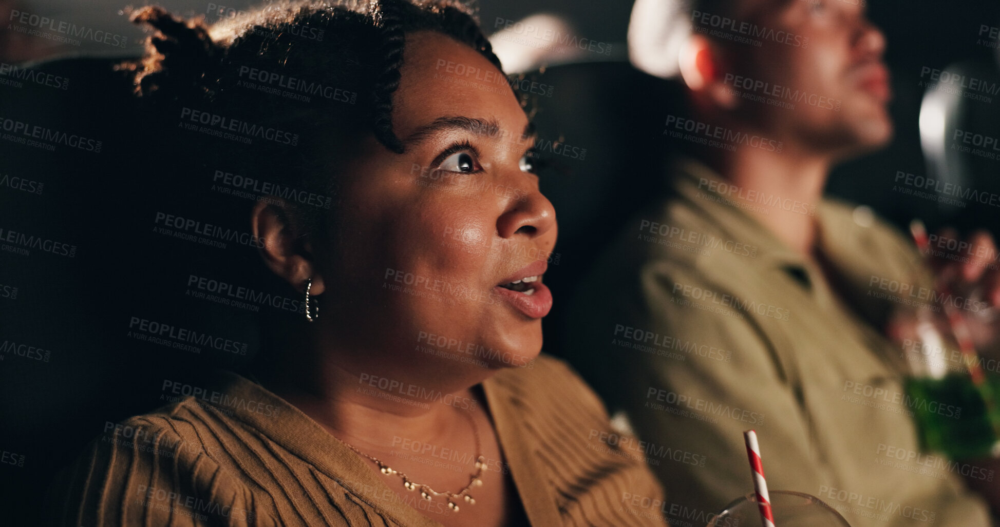 Buy stock photo Snack, woman and movie in theater with suspense for dramatic scene, thriller show or entertainment. Film premiere, audience and excited with anticipation for spooky production and intense storyline