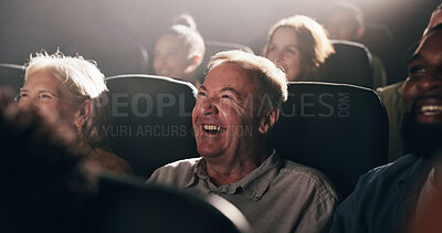 Buy stock photo Mature man, laugh and movie at theater with funny joke, comedy and happy in crowd for screening at night. Person, smile and excited for comic film, relax and watch show for audience at cinema