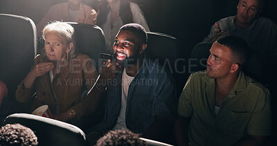 Buy stock photo Upset, watching movie and people with man, phone call and frustrated with performance. Audience, crowd and person with smartphone, annoyed and entertainment with argument, speaking and theater