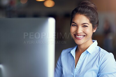 Buy stock photo Office, computer and portrait of woman with smile for corporate, lawyer and communication on email. Business, attorney and happy person by monitor for legal case, online research and digital feedback