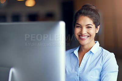 Buy stock photo Happy, portrait and woman with computer in office for corporate, career and company communication. Business, attorney and person with smile by monitor for legal case, feedback and online research