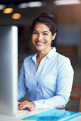 Buy stock photo Office, portrait and woman with computer at desk for business, planning and communication on email. Corporate, lawyer and person with smile by monitor for legal case, research and online feedback