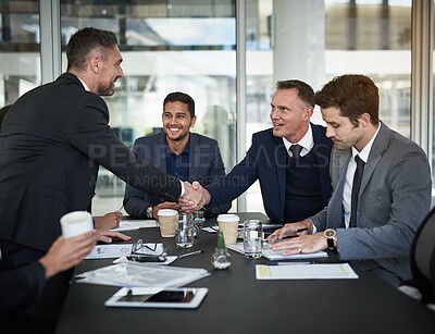 Buy stock photo Business people, investor or handshake in office agreement for greeting, meeting or partnership. Collaboration, thanks or applicant with manager for B2B support, introduction or deal for recruitment