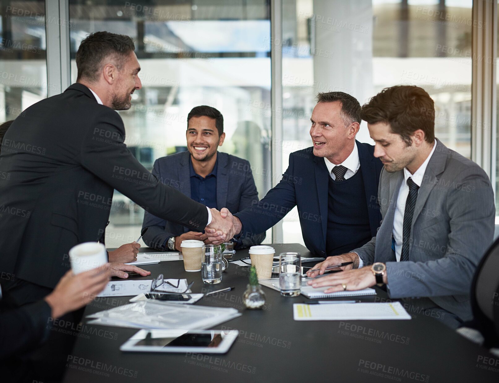 Buy stock photo Business people, investor or handshake in office agreement for greeting, meeting or partnership. Collaboration, thanks or applicant with manager for B2B support, introduction or deal for recruitment