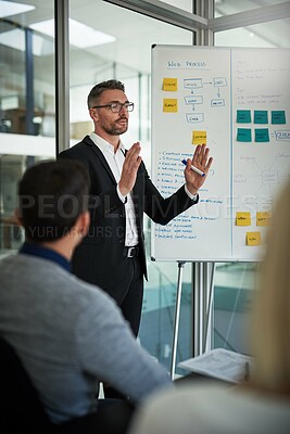 Buy stock photo Mature man, presentation and business strategy for planning, budget and project management in office. Executive, workshop and meeting with company employee for training, brainstorming and proposal