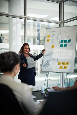 Buy stock photo Executive, presentation and business workflow for planning, budget and project management in office. Black woman, strategy and meeting with company employee for training, brainstorming and proposal