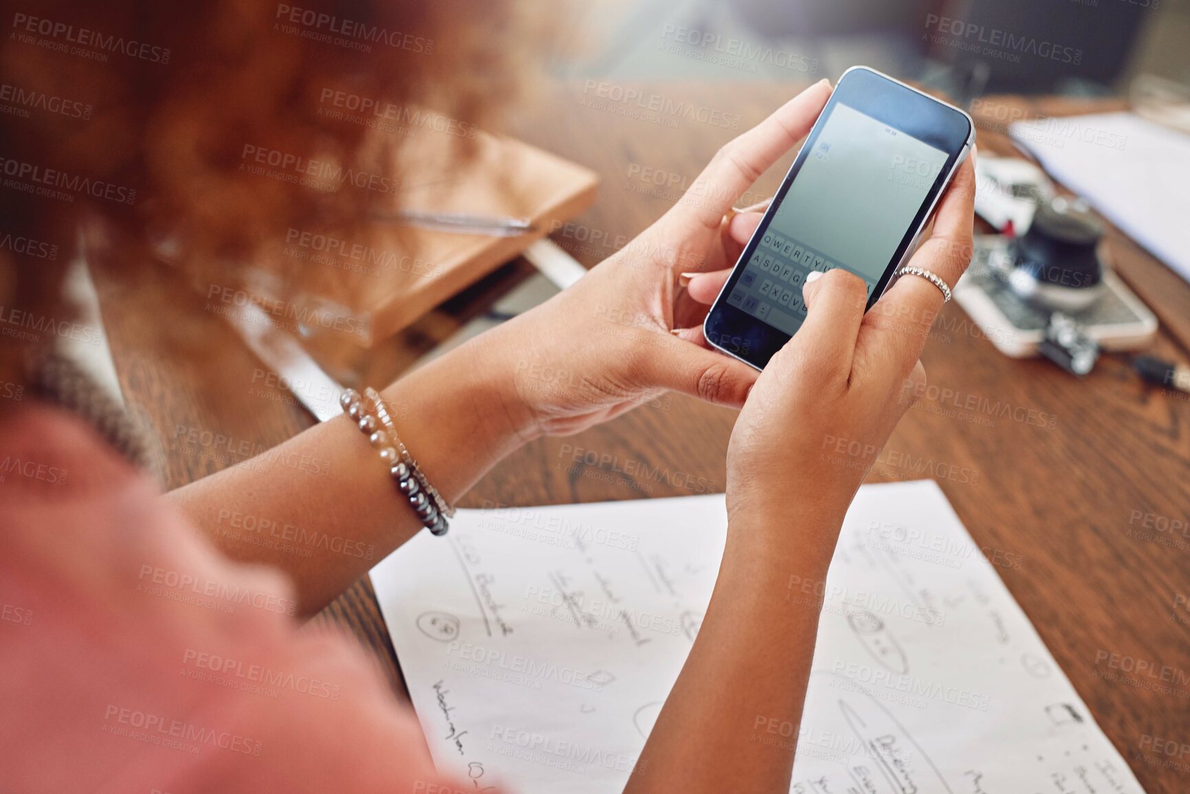 Buy stock photo Typing, hands or designer with phone for social media, technology or networking online on website. Research, communication screen or lady in office texting on blog for update on mobile app, ux or iot