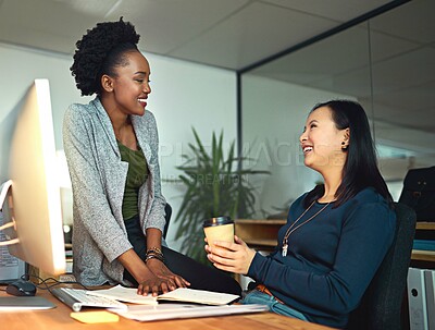 Buy stock photo Business women, talking and communication in office for work break, lunch and short conversation with coffee. Diversity, female employees and discussion on desk for teamwork and collaboration