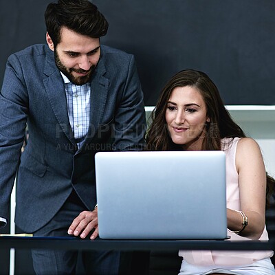 Buy stock photo Business, people and smile in office with laptop for teamwork, collaboration and planning as accountant. Employee, partnership and satisfied with financial reviews, records and company revenue