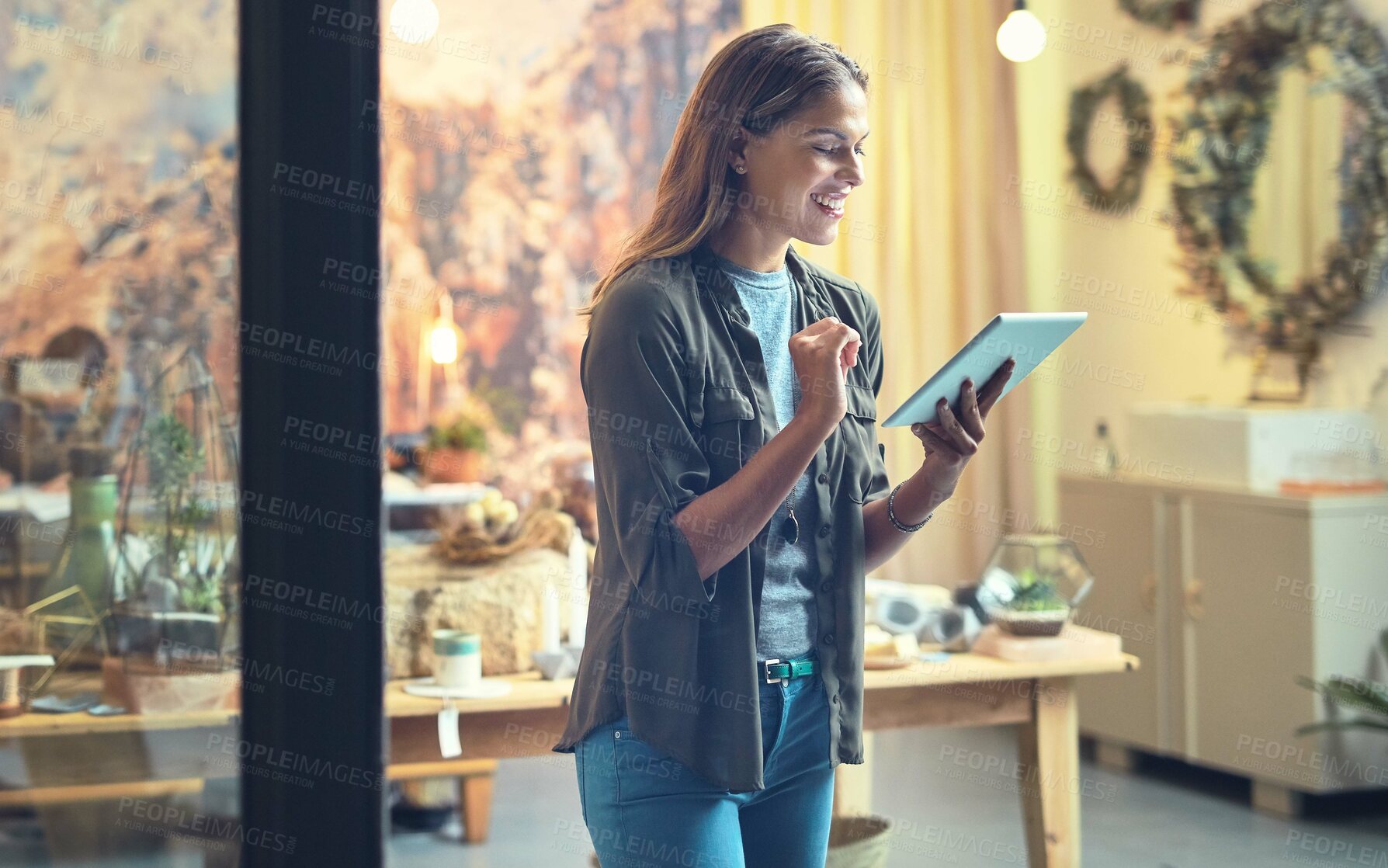 Buy stock photo Woman, store manager and tablet for fashion business, planning and app for pricing inventory. Female person, logistics and check shipping of stock or reviews, seller and trader website for product