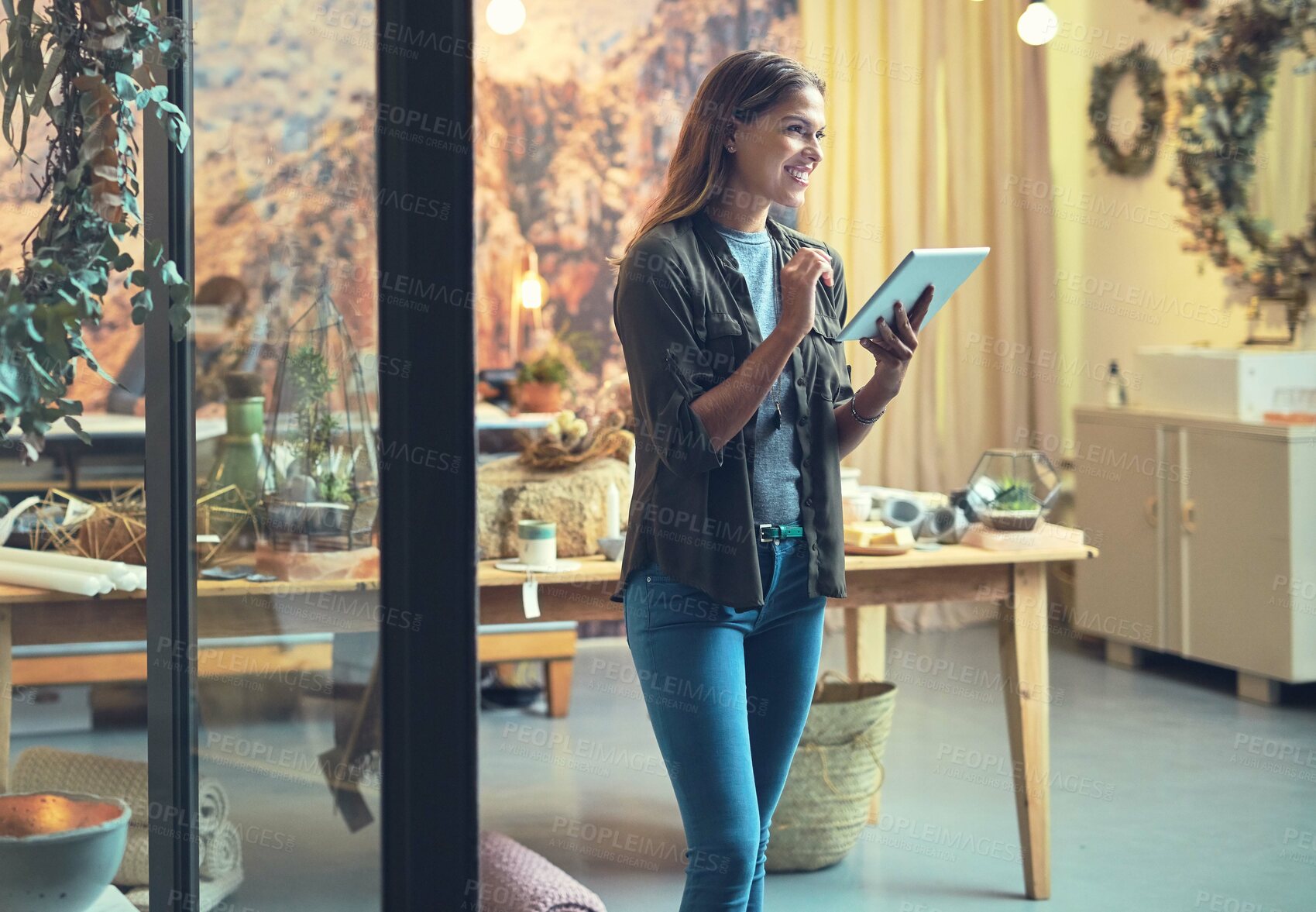 Buy stock photo Woman, store manager and commerce on tablet for fashion, planning and app for pricing inventory. Female person, small business owner and check shipping of stock, seller and trader website for product