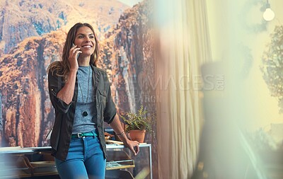 Buy stock photo Small business, woman and happy at boutique on phone call for connection, conversation and communication. Female person, employee and smile or satisfied as retail entrepreneur with discussion