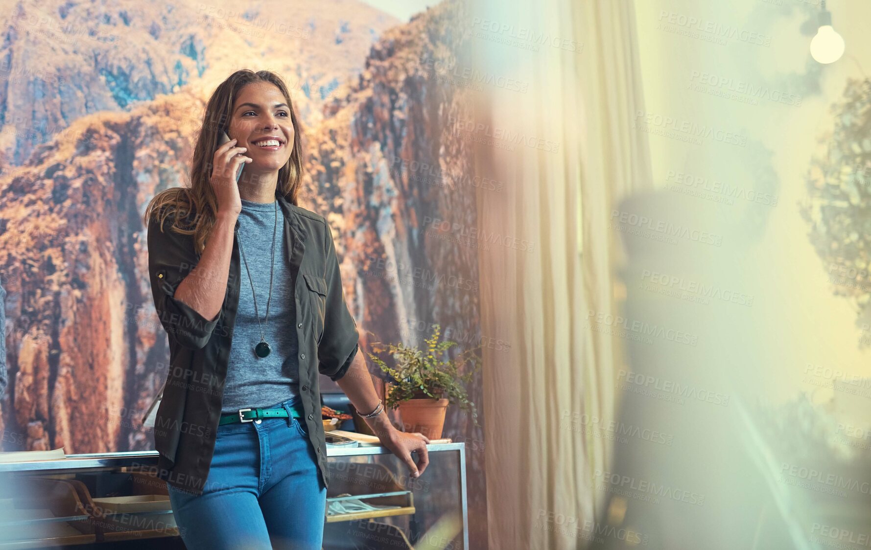 Buy stock photo Small business, woman and happy at boutique on phone call for connection, conversation and communication. Female person, employee and smile or satisfied as retail entrepreneur with discussion