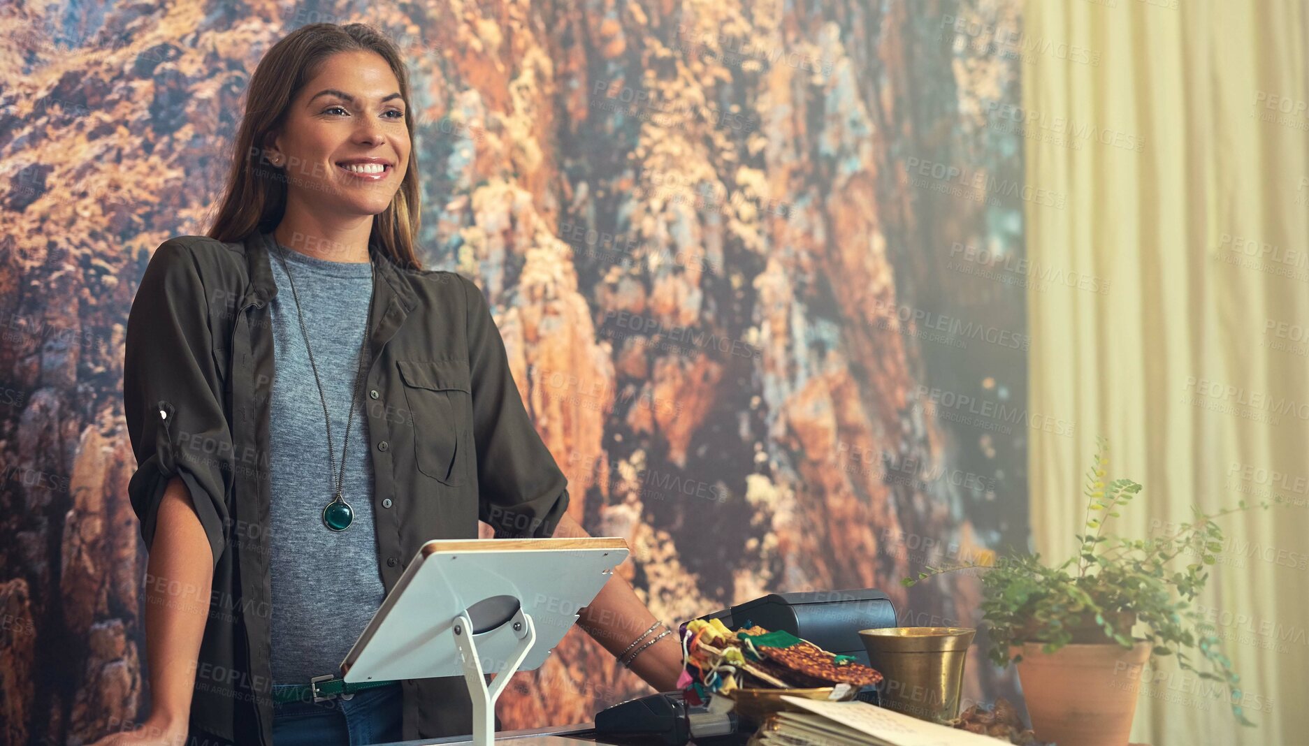 Buy stock photo Woman, tablet and happiness in retail store as small business owner in fashion or jewelry. Female person, technology and handicraft shop for online order management, dropshipping or customer service
