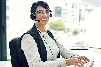 Buy stock photo Professional, portrait or business woman with headset in office for job, service agent or happy. Career, female worker or consultant with smile, microphone and computer for typing email in workplace