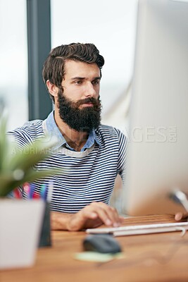 Buy stock photo Business, thinking and man with computer, solution and online reading with research for project, email and web design. Person, employee and agent with pc, problem solving and planning with internet