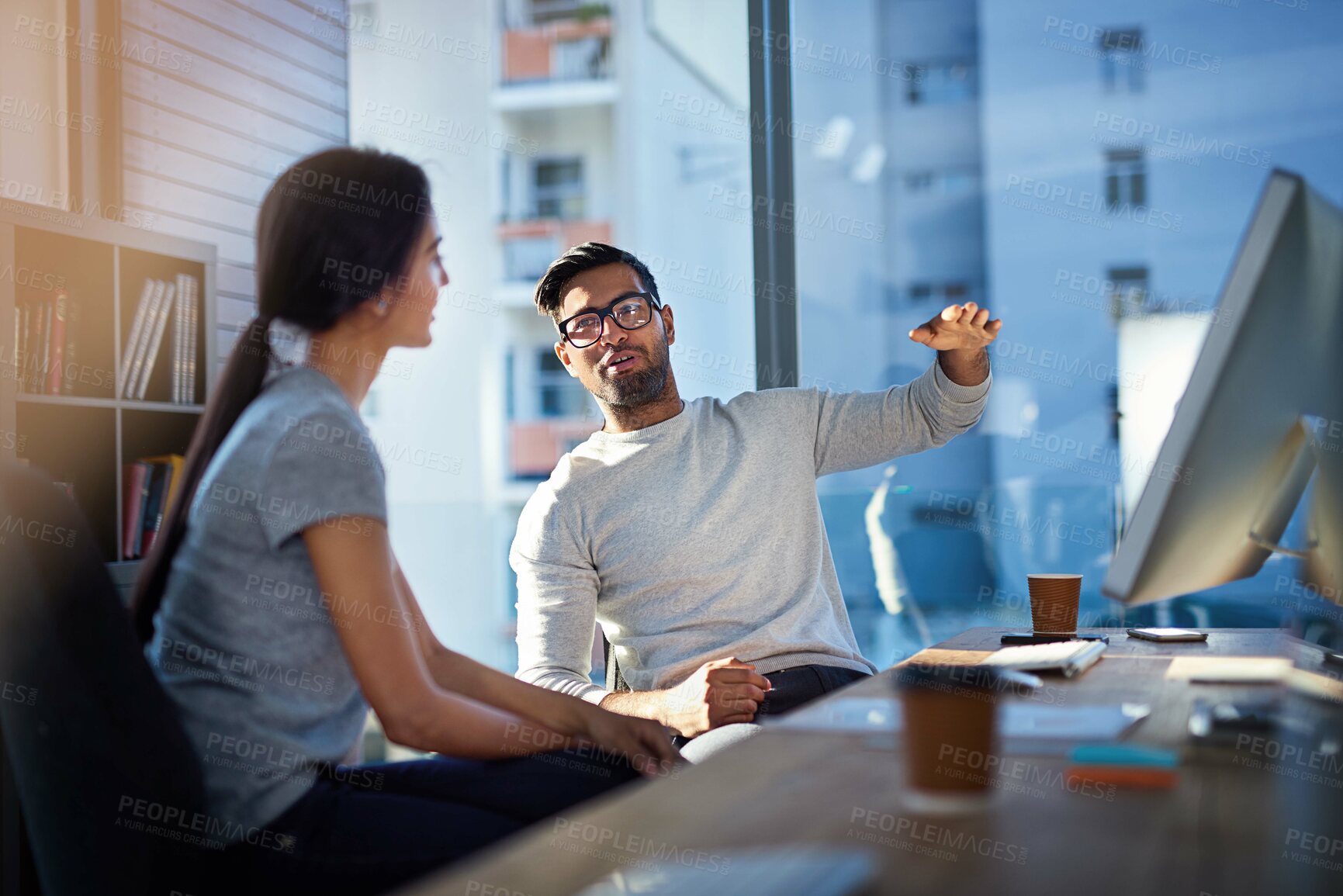 Buy stock photo Meeting, computer and business people in office for planning online project, consulting and advice. Creative agency, professional and man and woman talking for teamwork, collaboration and feedback